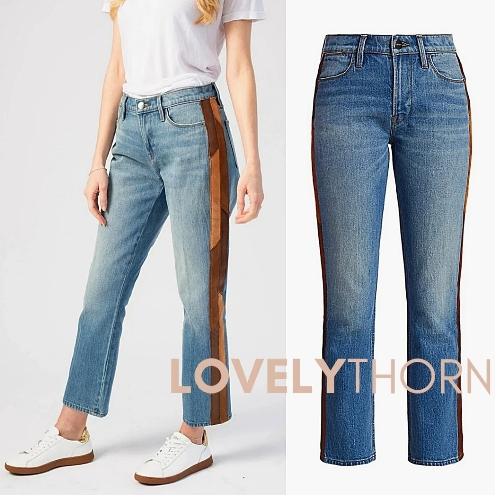 FRAME // ltd ed le high straight cropped paneled leather tuxedo stripe denim